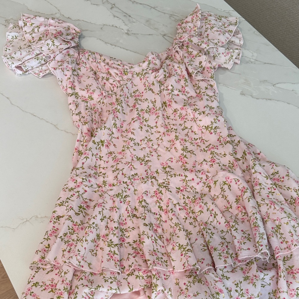 Altar’d State Light Pink Floral Ruffle Dress with Gold Accents